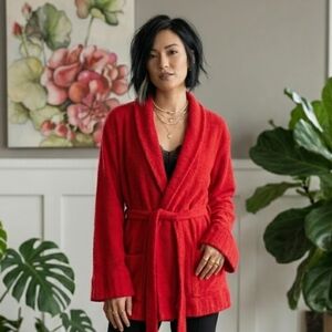 Red Textured Wrap Cardigan, Cozy Chic Lounge Coat, Minimalist Elegance,Size L